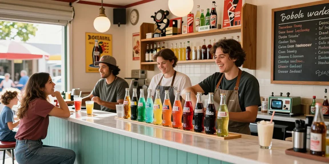 Enjoying vintage soda in a lively retro shop filled with colorful bottles and nostalgic decor.