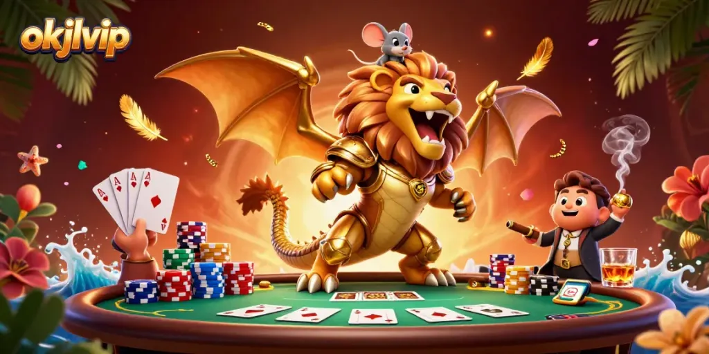 Players enjoy high-stakes poker action at okjlvip with a dynamic chimera mascot.