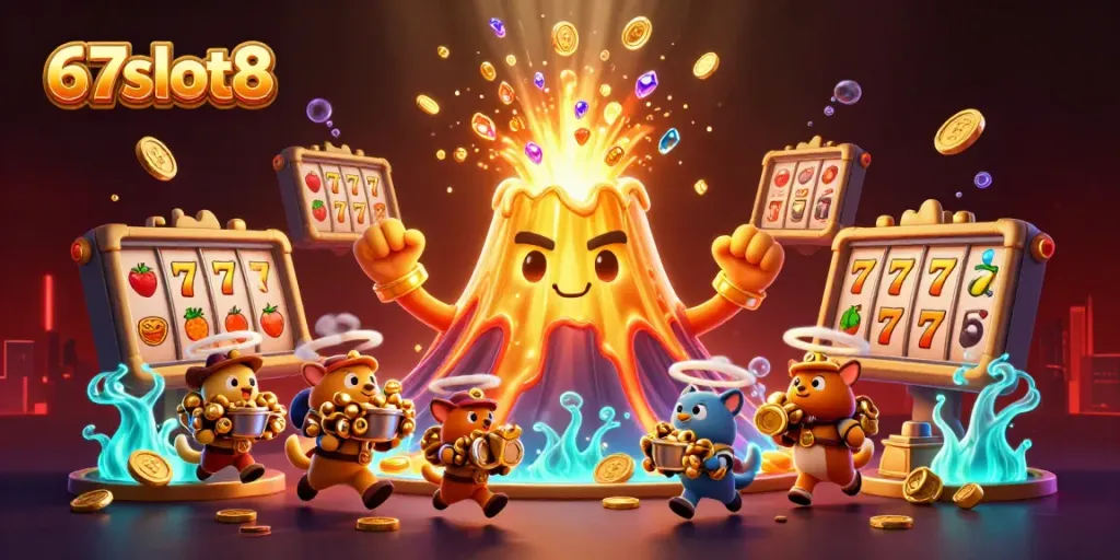Experience excitement with the 67slot8 volcano erupting coins and treasures in a vibrant casino scene.