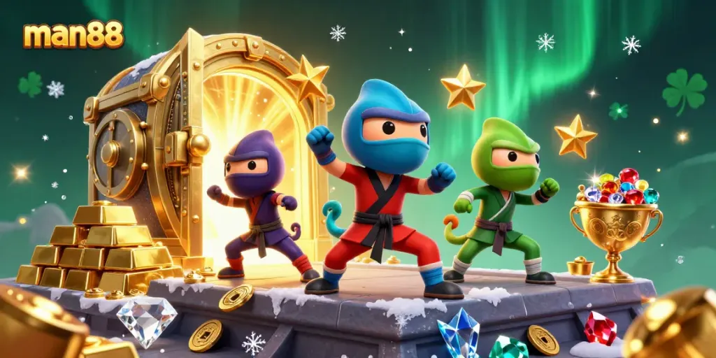 Experience thrilling action at man88 with vibrant chameleon ninjas amidst a spectacular golden treasure scene.