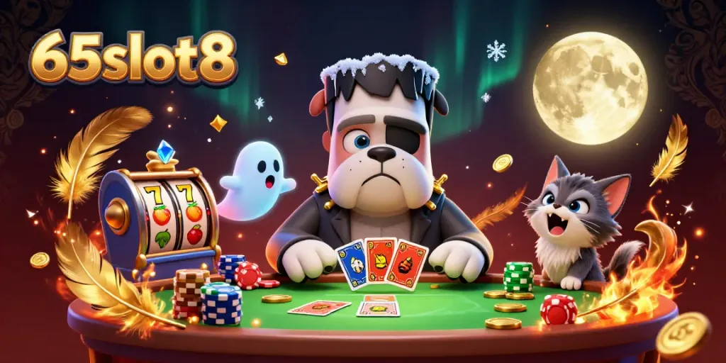 Frankenstein bulldog and werewolf kitten at a casino table celebrates wins at 65slot8.