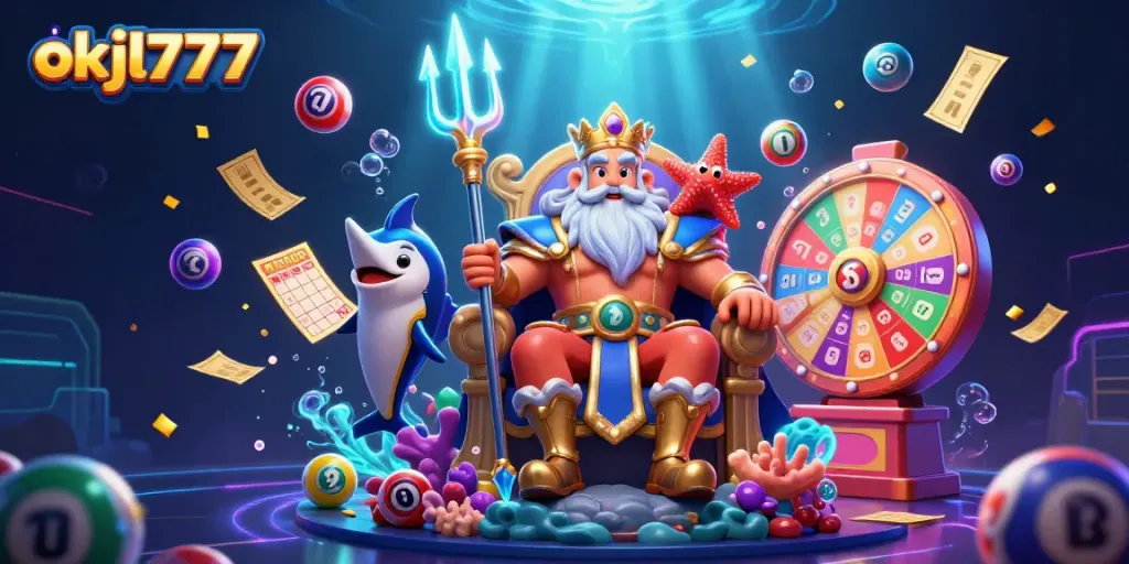 Engaging scene capturing the excitement of okjl777 with Neptune, lottery balls, and vibrant casino elements.