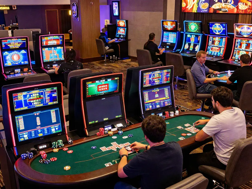 Engaging gaming scene at https://ku88v1.com/, showcasing diverse players enjoying various online casino games in a modern setting.