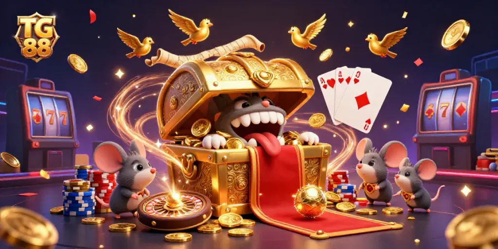 Engage in exciting gambling with TG 88, a dazzling treasure chest scene filled with casino riches and energy.
