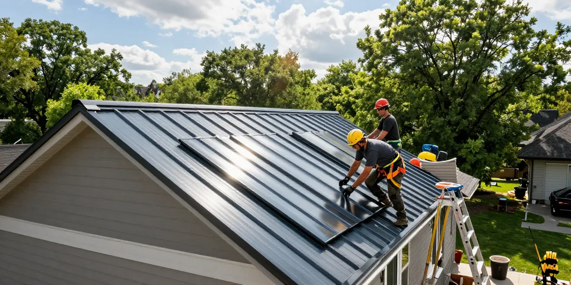 Metal roofing installation in Toronto showcasing professional roofers working on durable panels.